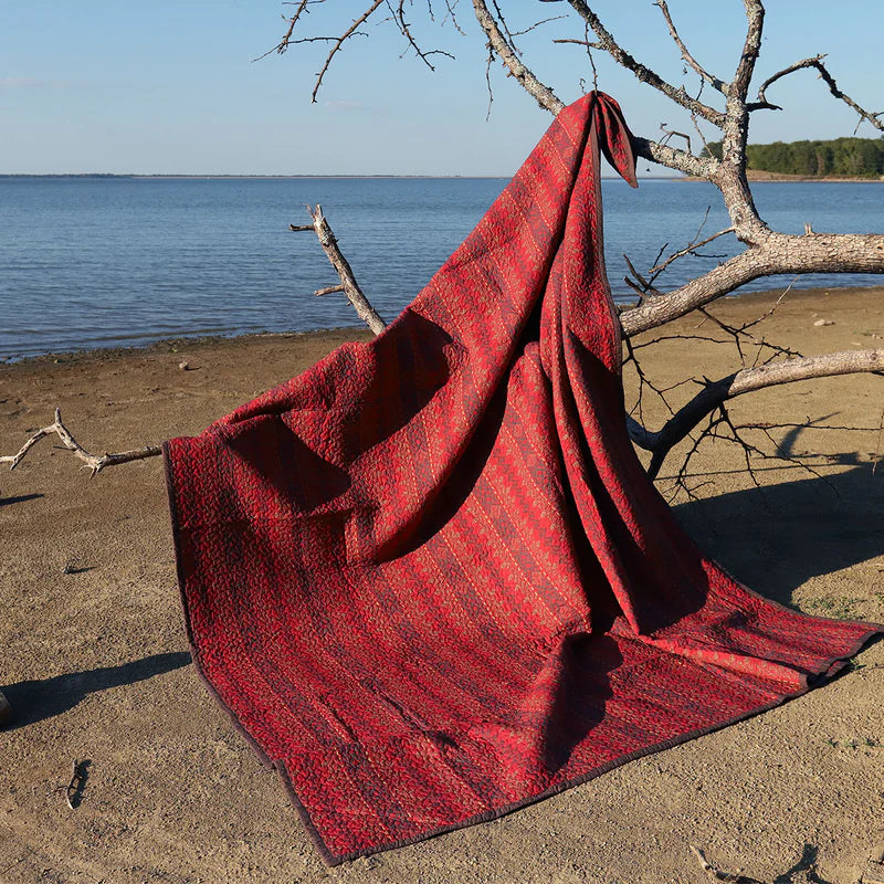 Red and brown quilted blanket hanging in tree at the lake