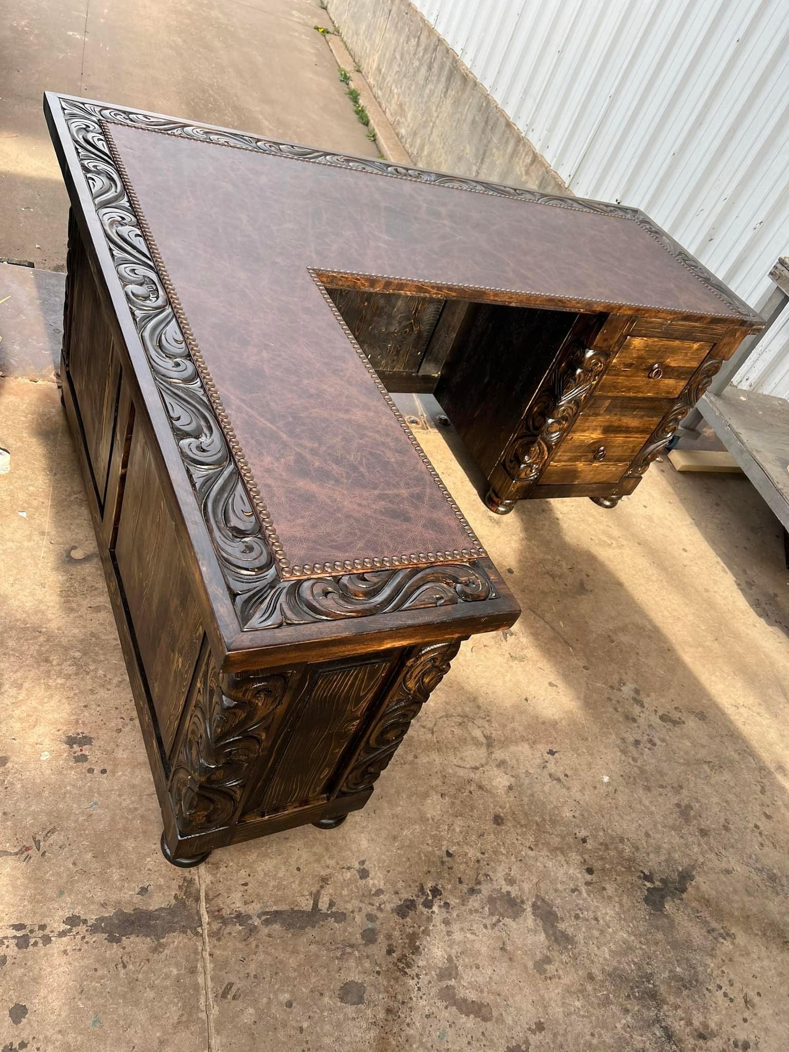 L shaped rustic carved desk with leather top - Your Western Decor