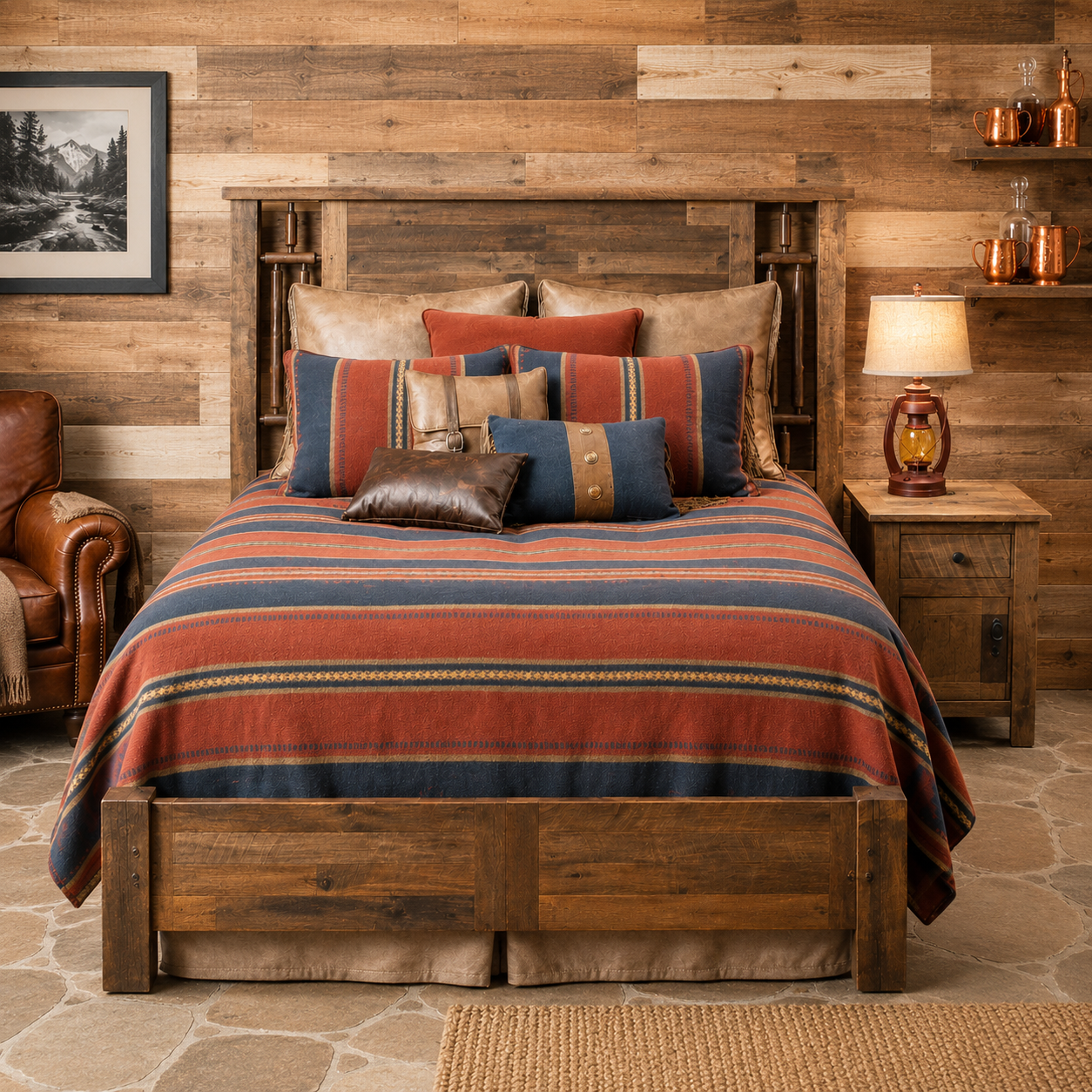 Rustic barnwood bed in rustic lodge bedroom