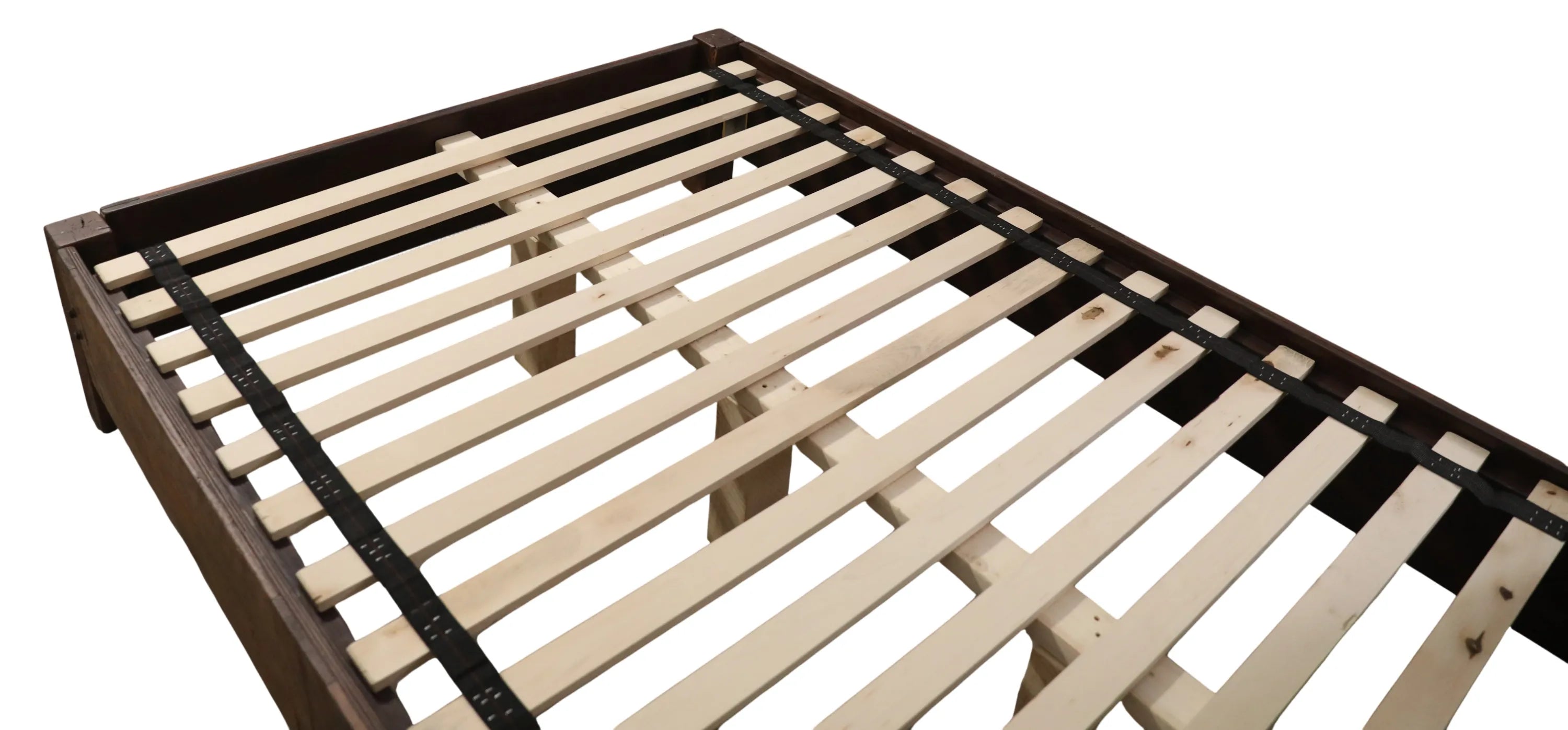 Wooden bed frame with wood slats on a white background