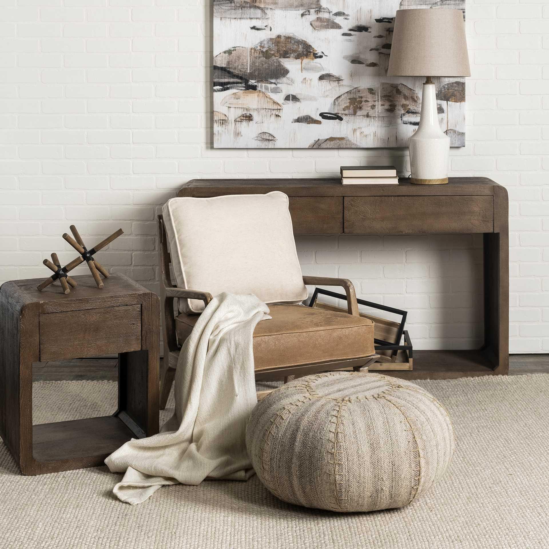 Rustic Boho Accent Chair, Leather and Linen in living room setting - Your Western Decor