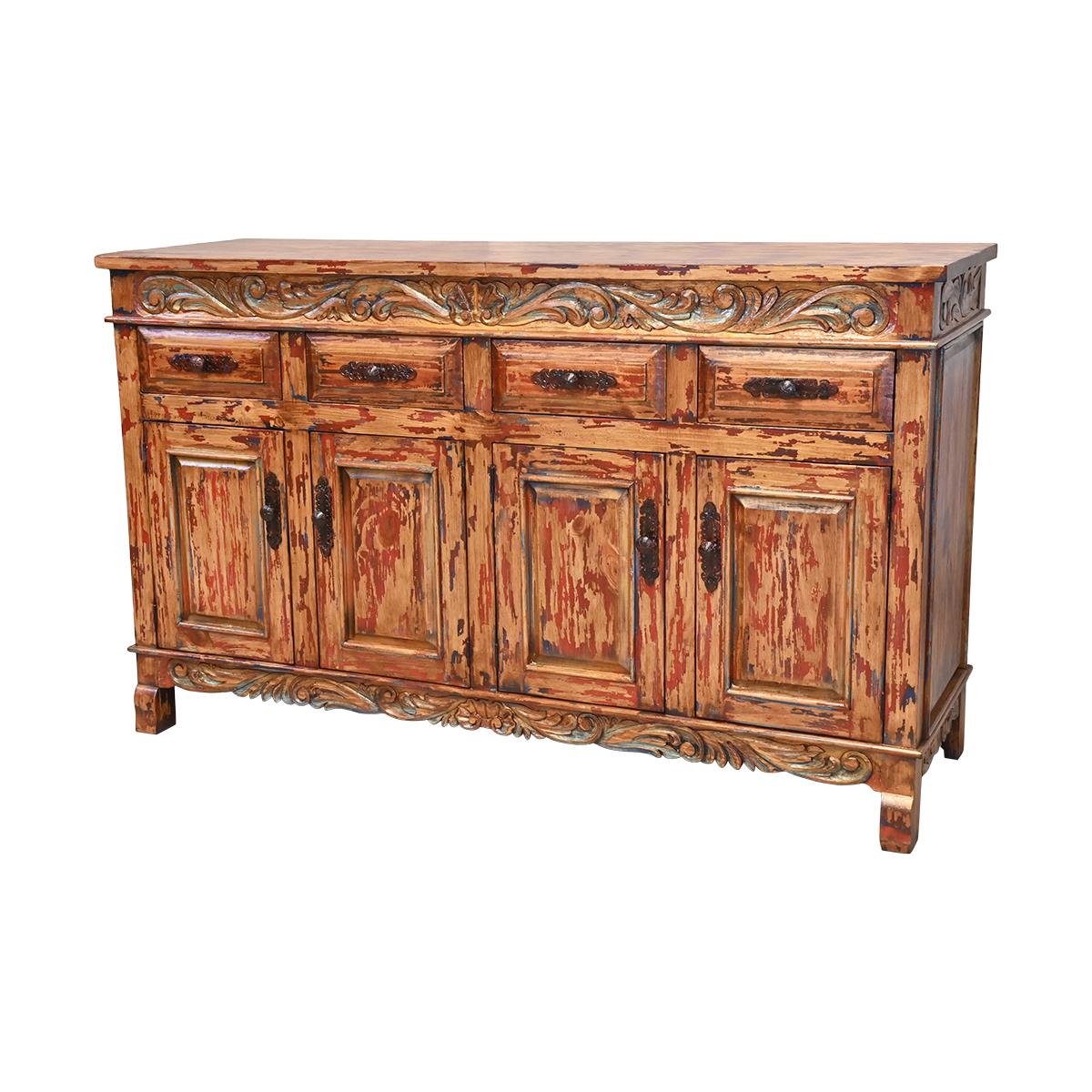 Front of colorwashed distressed carved sideboard