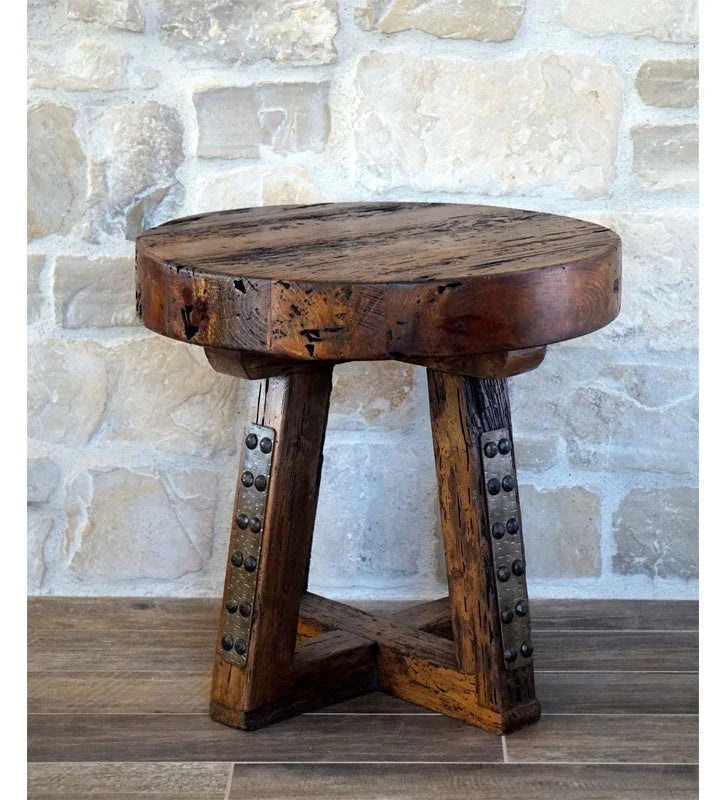 Rustic chunky cross leg side table made from recycled pine and barnwood - Your Western Decor