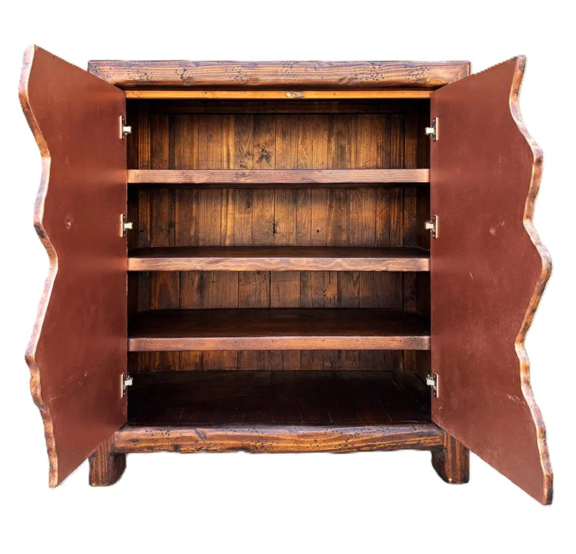 Copper cabinet with doors open showing inside shelving - Your Western Decor