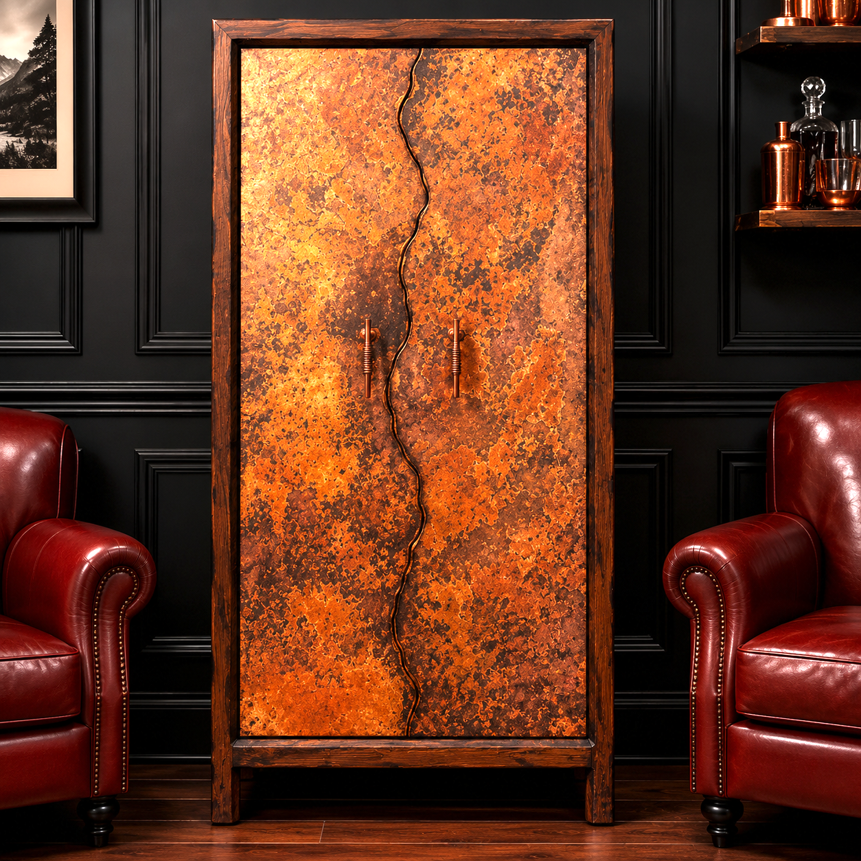 Rustic reclaimed pine wood wine cabinets with reclaimed copper doors
