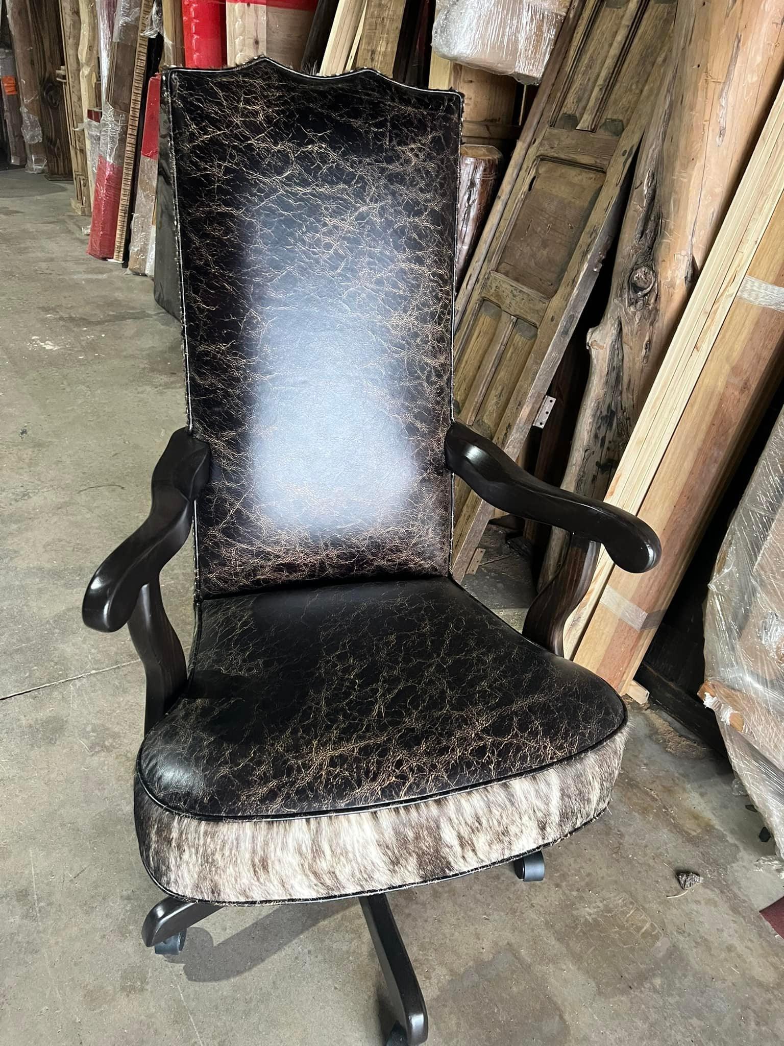 Rustic distressed leather and brindle cowhide office chair - Your Western Decor