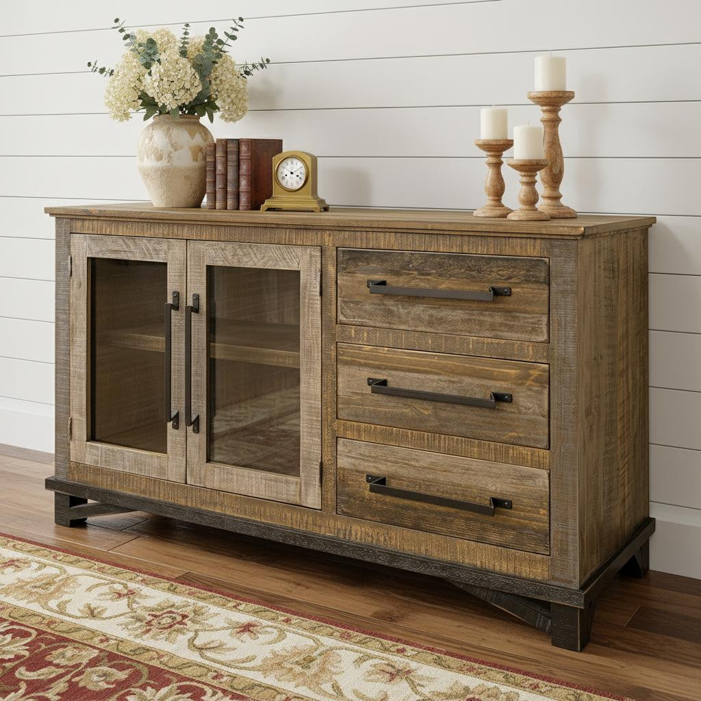 Rustic farmhouse buffet cabinet with glass doors and drawers in solid pine wood