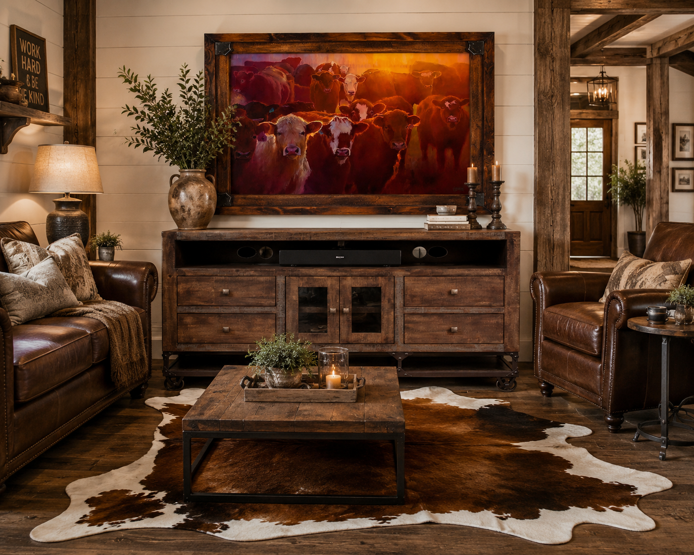 Rustic farmhouse living room with framed cattle art, cowhide rug, rustic and leather furniture