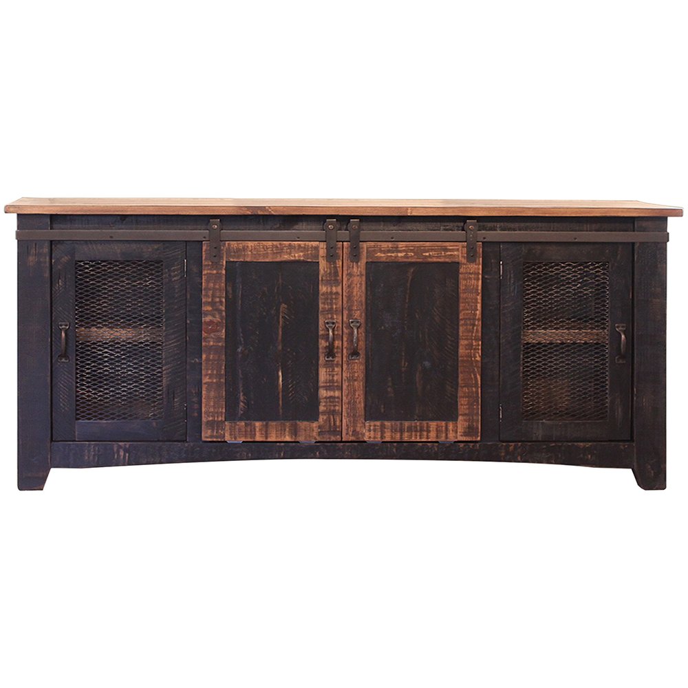 industrial western media cabinet in distressed black wood