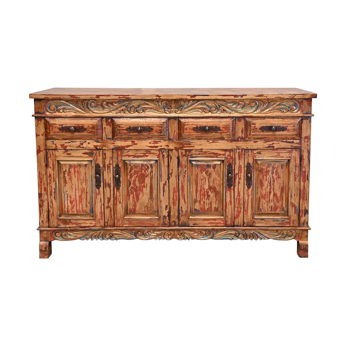 A rustic distressed wood sideboard cabinet with four doors, three drawers, and carved decorative details, shown against a plain white background.