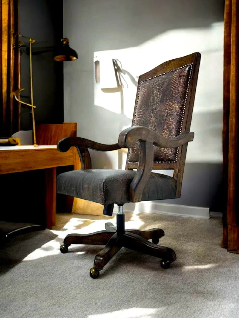 Rustic office chair with distressed and croc embossed leathers in brown - Your Western Decor