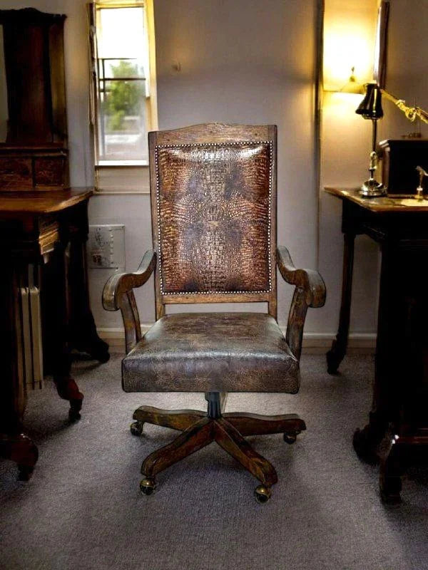 Rustic Alder wood and leathers desk chair - Your Western Decor