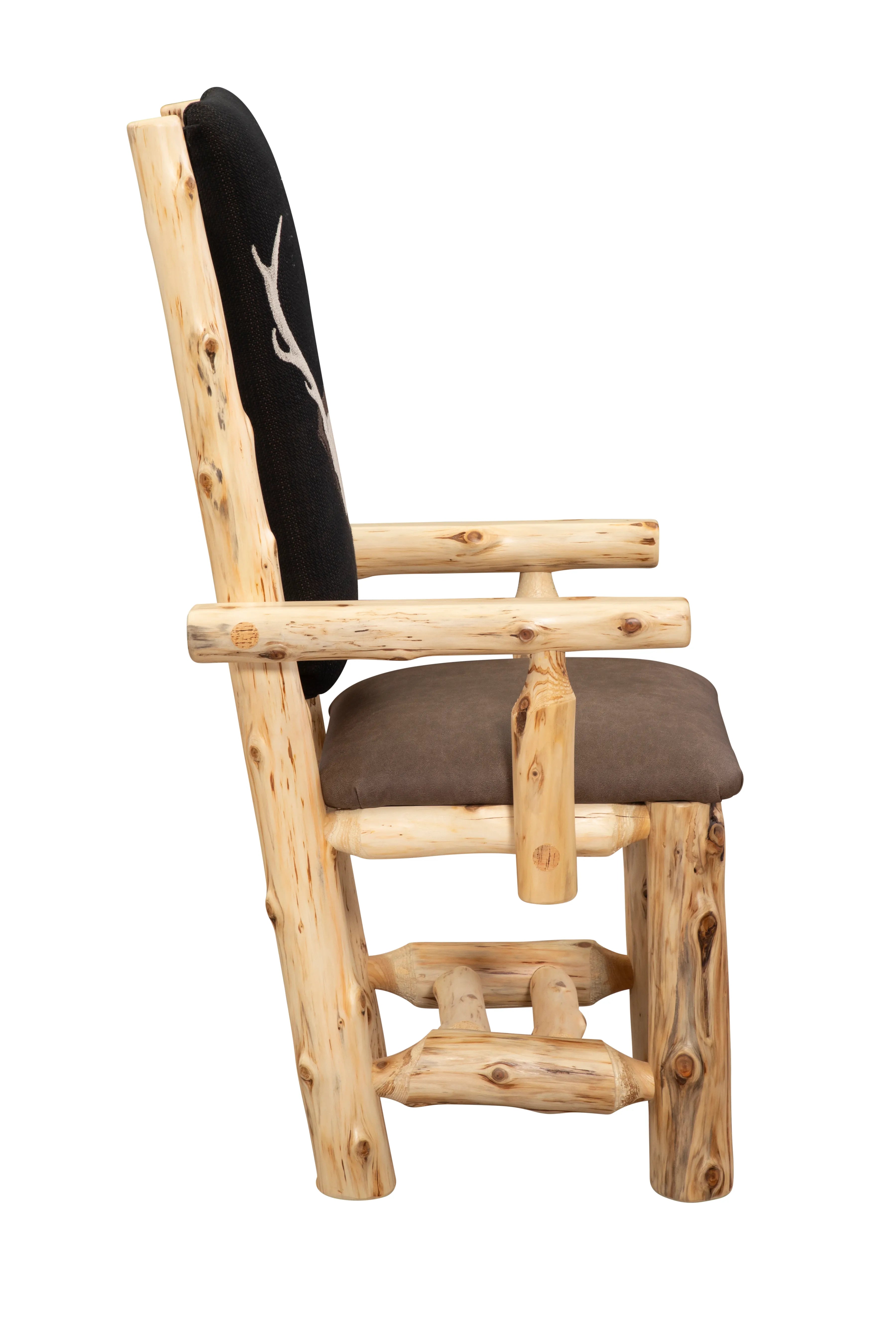 handcrafted cedar log dining chair deer motif upholstered back