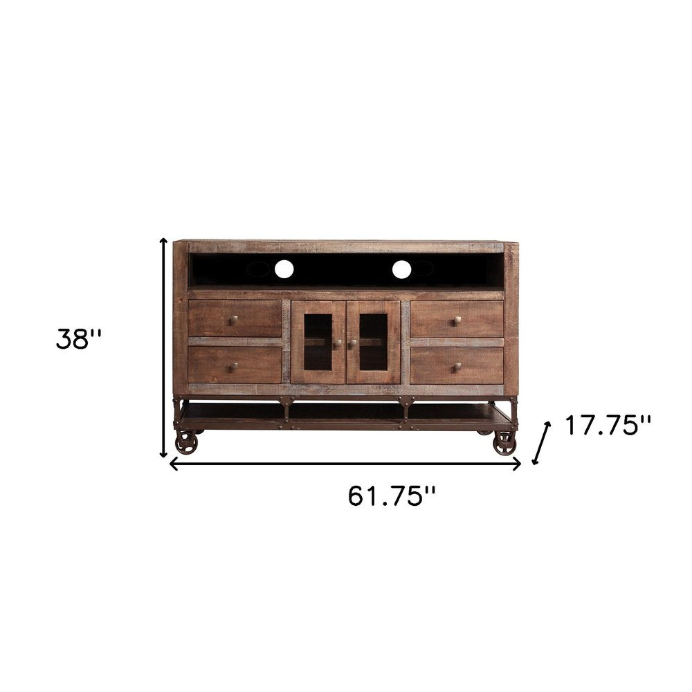 Wooden TV stand with dimensions labeled on a white background