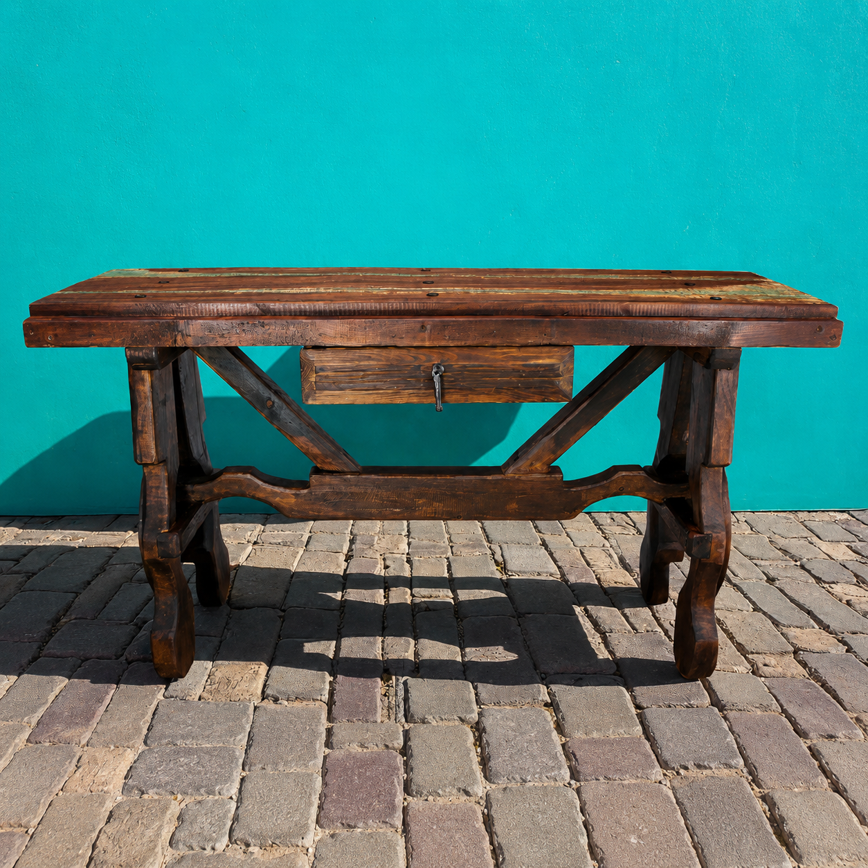 Rustic Spanish style console entry table with center drawer
