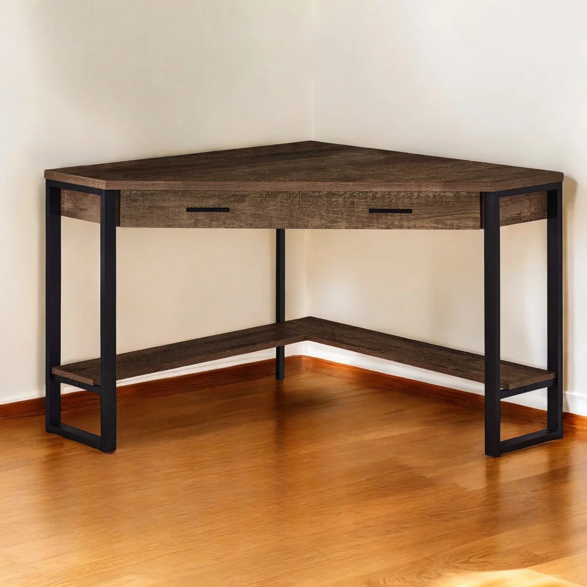 Corner desk with wooden surface and black metal frame on a wooden floor - Your Western Decor