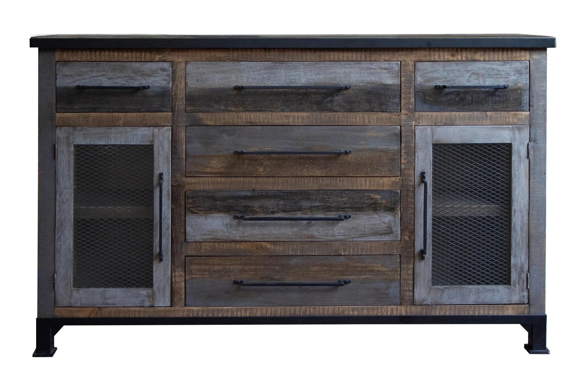 Wooden sideboard with metal mesh doors on a white background - Your Western Decor