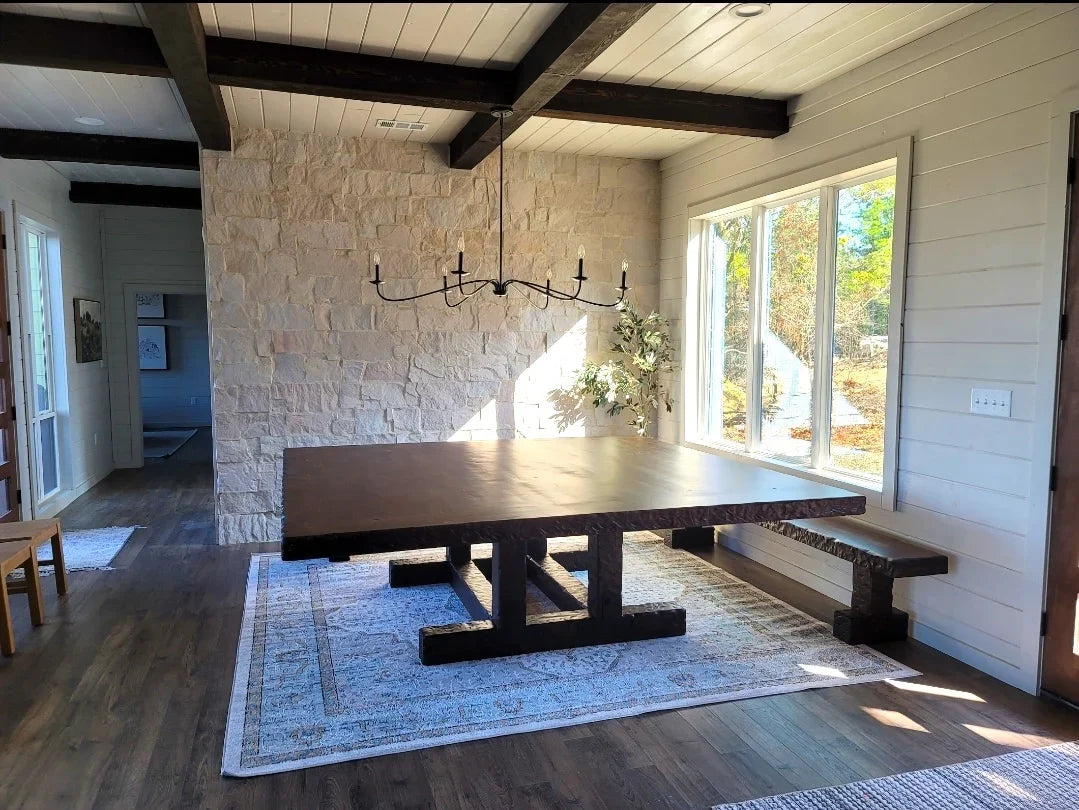 American made rustic Knotty Alder Square Dining Table with matching benches - Handmade in Texas - Your Western Decor