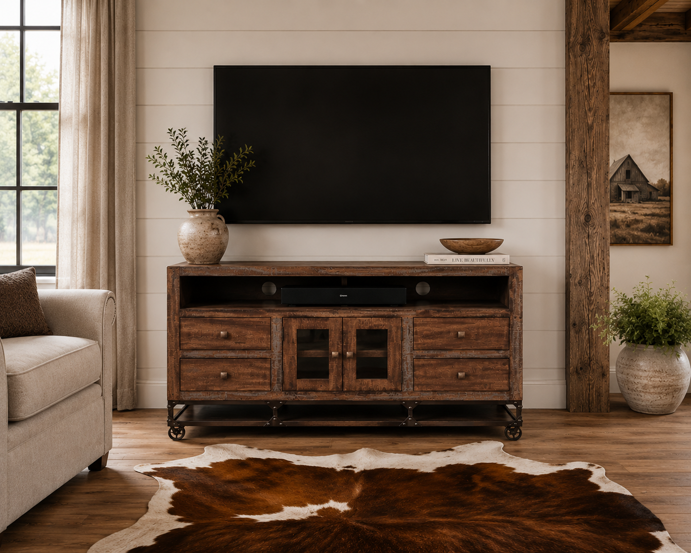 rustic wood and iron tv console in rustic sitting room
