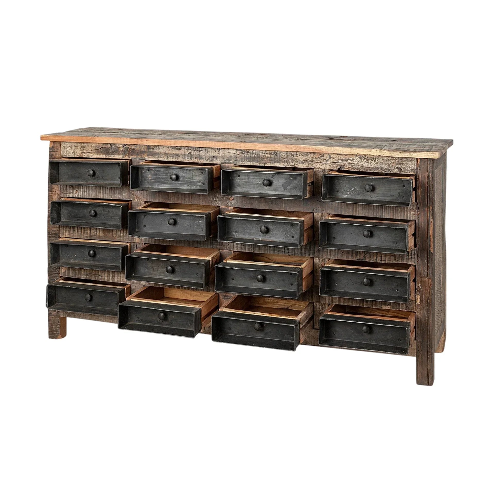 Solid wood 16-drawer sideboard cabinet with rustic industrial styling