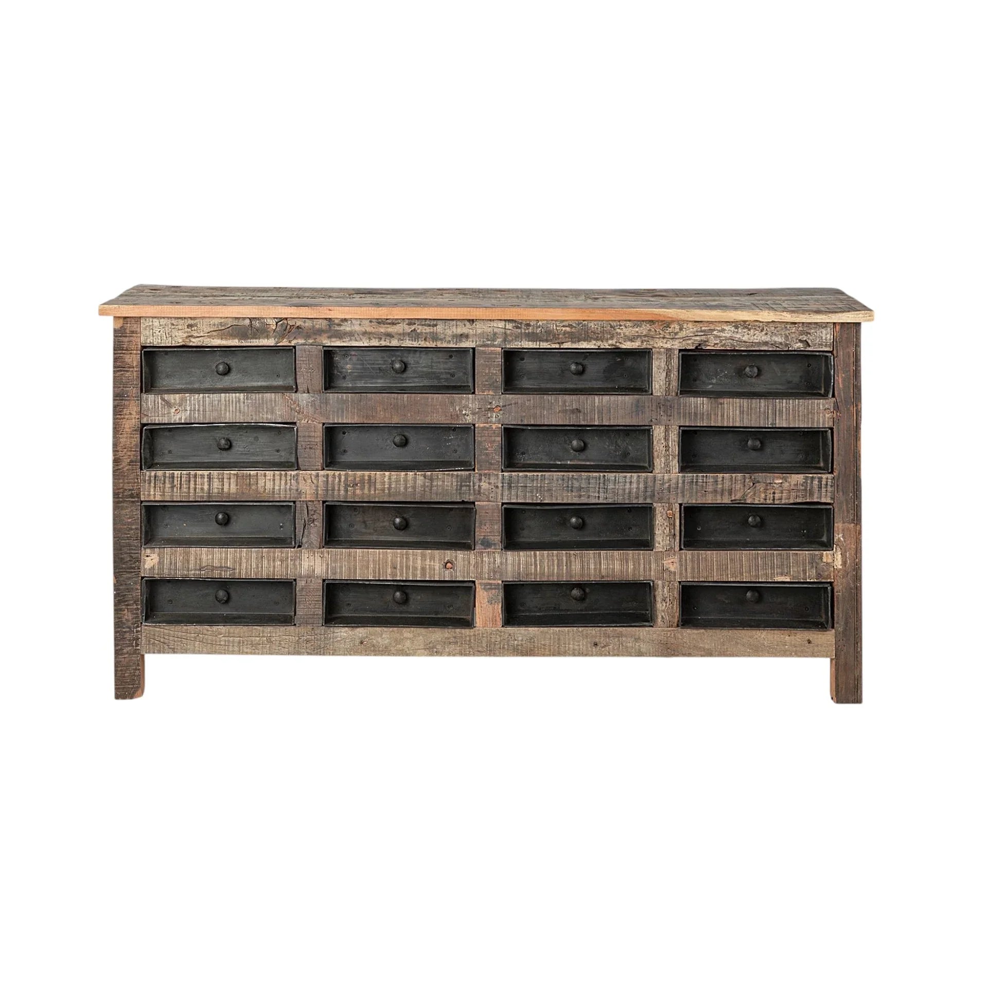 Rustic farmhouse storage cabinet with sixteen drawers and reclaimed wood look