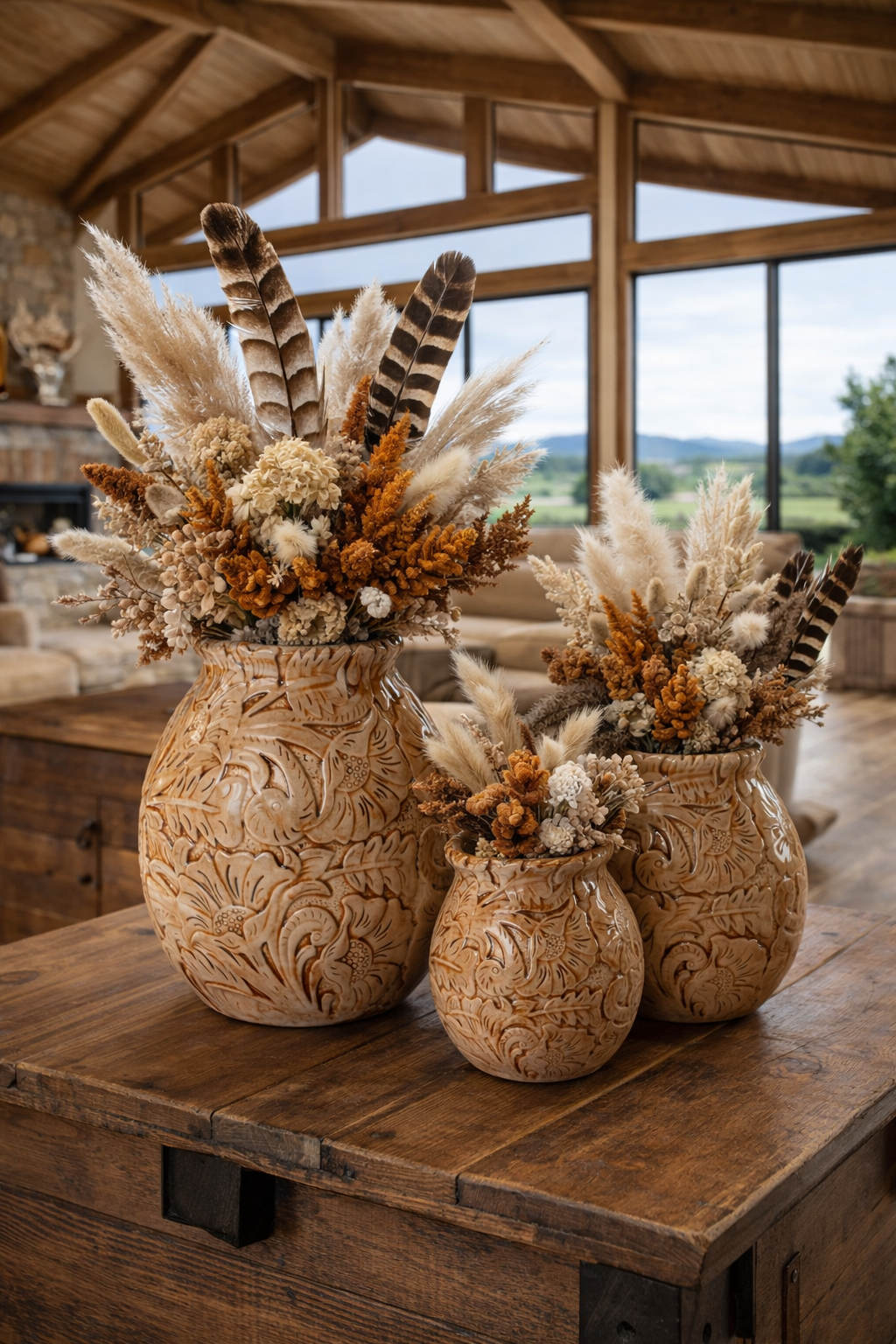 Saddle Bloom tooled ceramic western vase set styled with dried floral bouquet and eagle feathers in luxury ranch living room setting