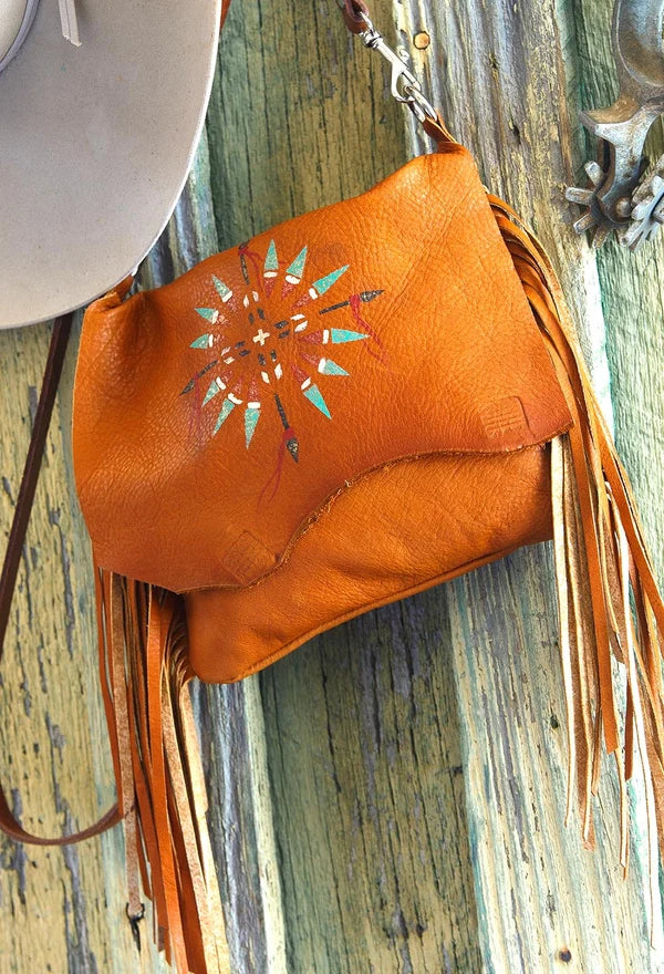 Saddle Arapaho Painted Horizon deerskin leather handbag with hand-painted motif, long fringe and crossbody strap