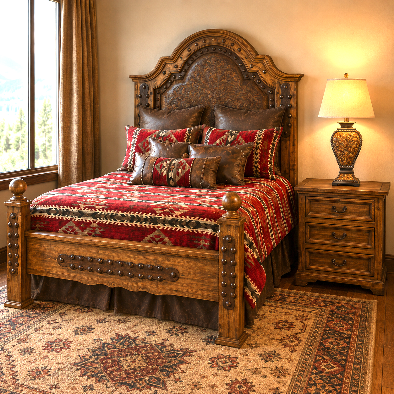 Luxury western bedroom featuring Saddle Ridge Tooled Leather Bed with rustic ranch decor