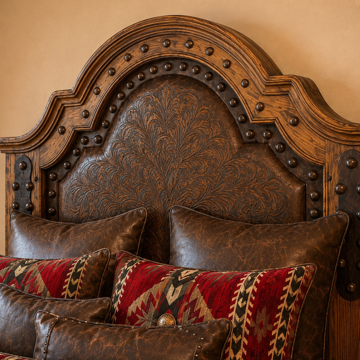 Detailed view of Saddle Ridge Bed artisan tooled leather headboard and decorative iron rivets