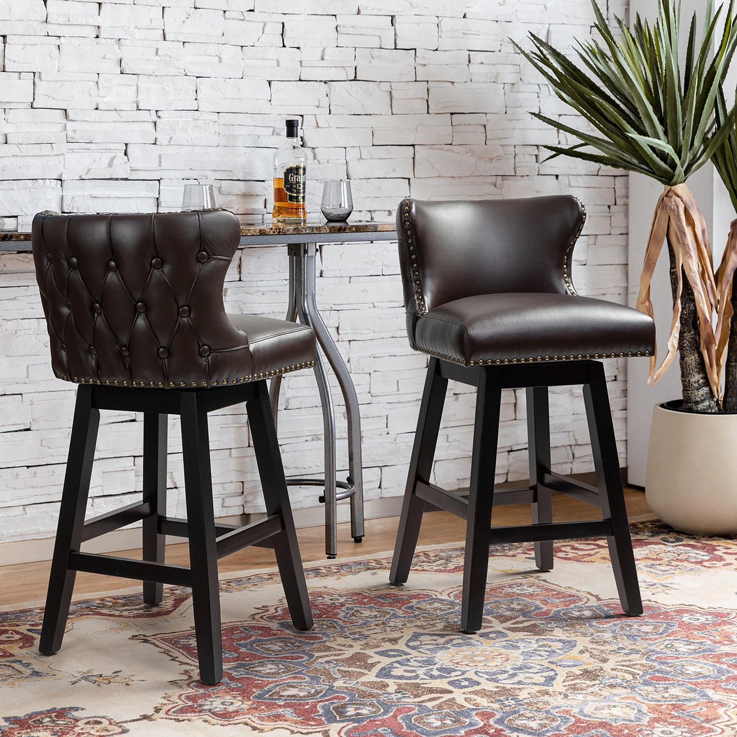 tufted swivel bar stools vegan leather wingback bar chairs set of 2 nailhead trim