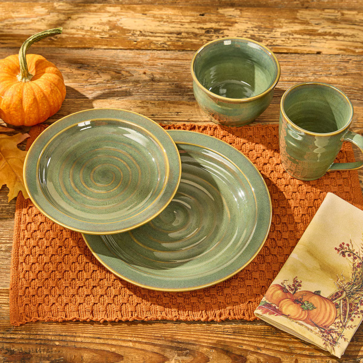 rustic green dinnerware set lodge style table