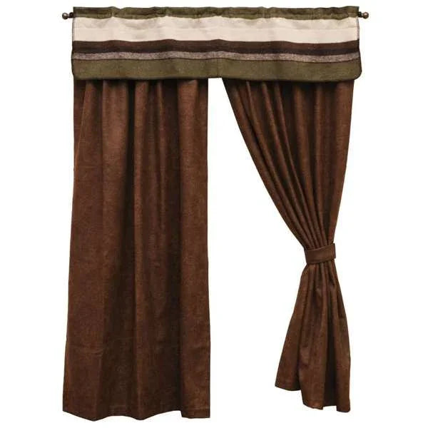 Sage Valley lodge style valance with brown bourbon faux leather curtain panels and tie-back - Your Western Decor