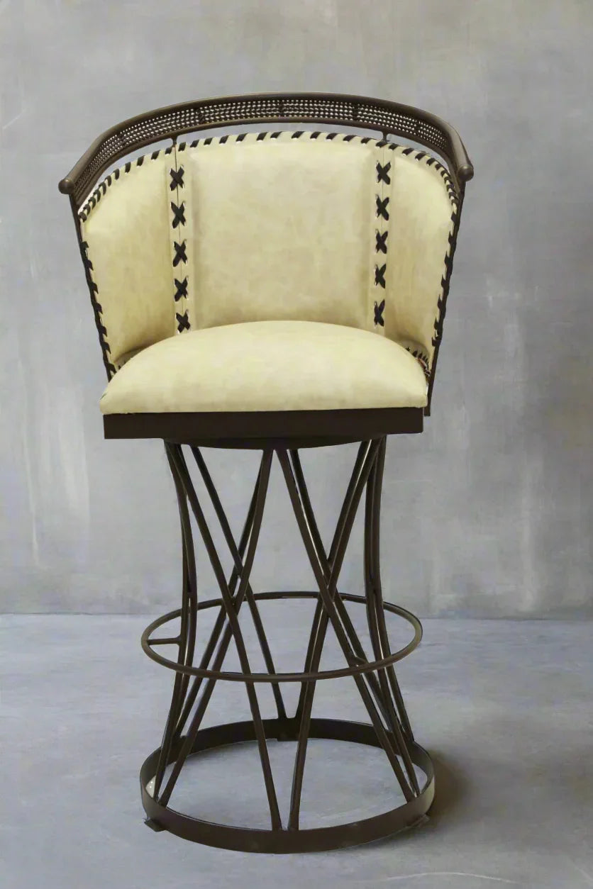 Sali light color leather swivel bar chair with hand lacing and iron frame - Your Western Decor