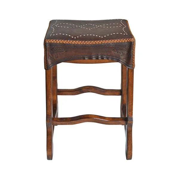 Santa Ana wood saddle bar stool with handmade leather top - Your Western Decor