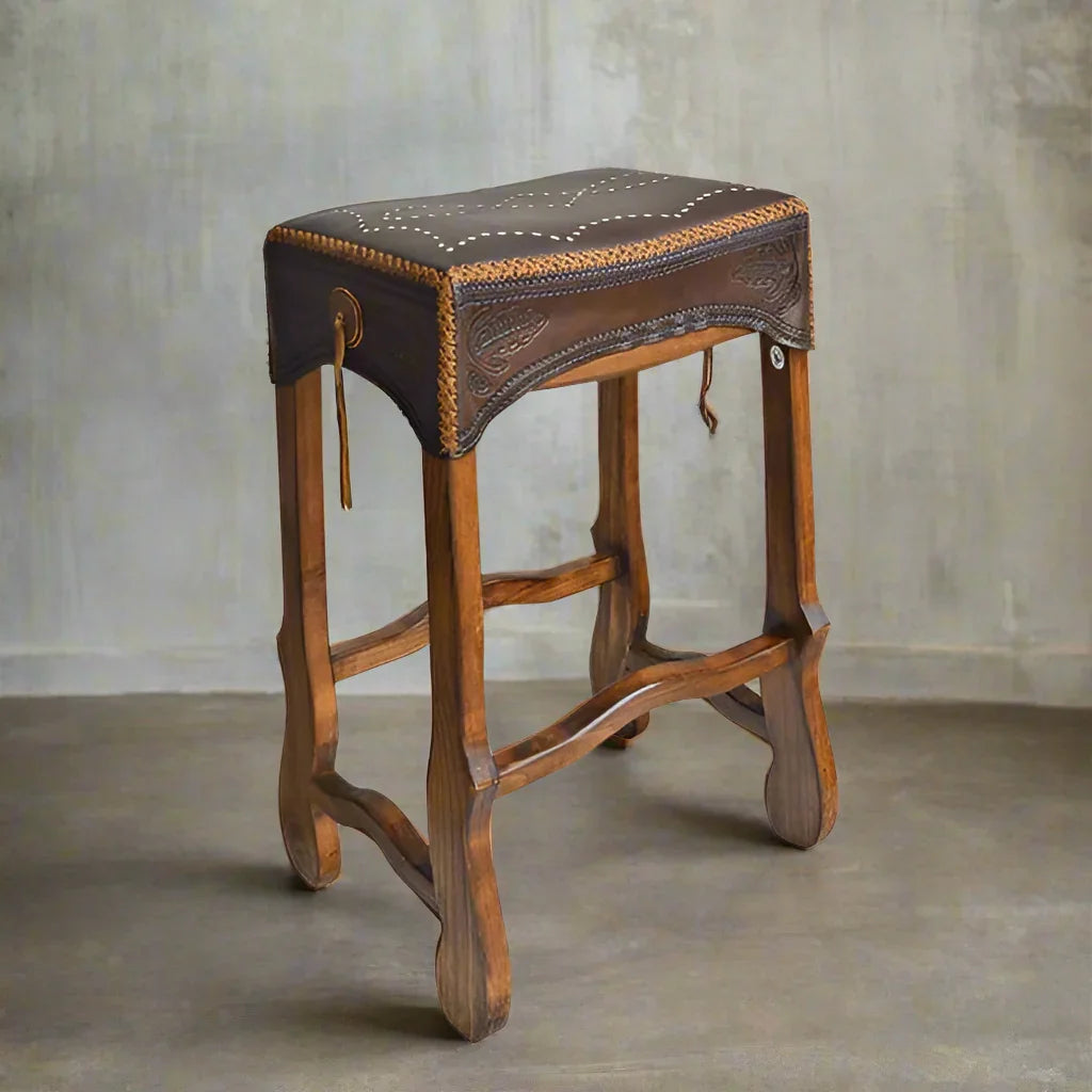 Santa Ana wood saddle bar stool with handmade leather top - Your Western Decor