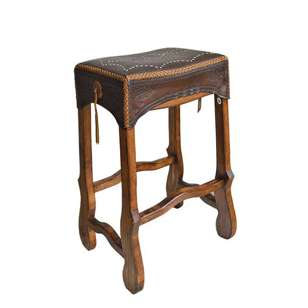Santa Ana wood saddle bar stool with handmade leather top - Your Western Decor