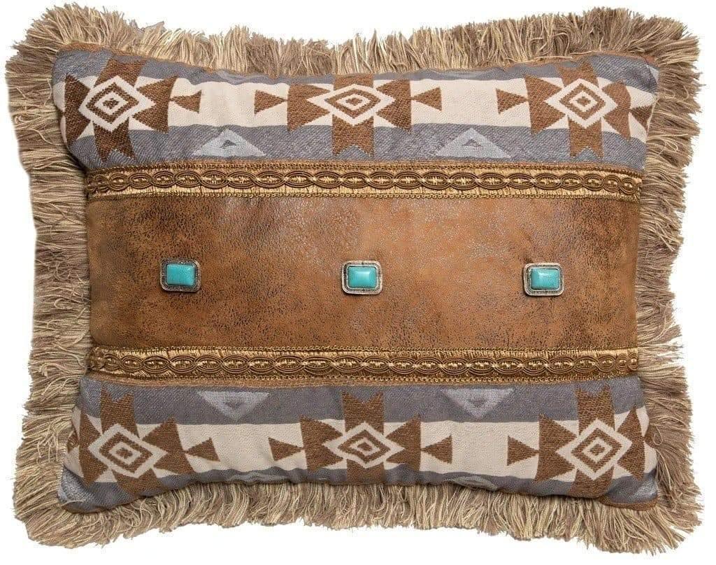 Santa Fe Sky Southwestern accent pillow with faux leather, fringe and conchos. 16"x20" - Your Western Decor