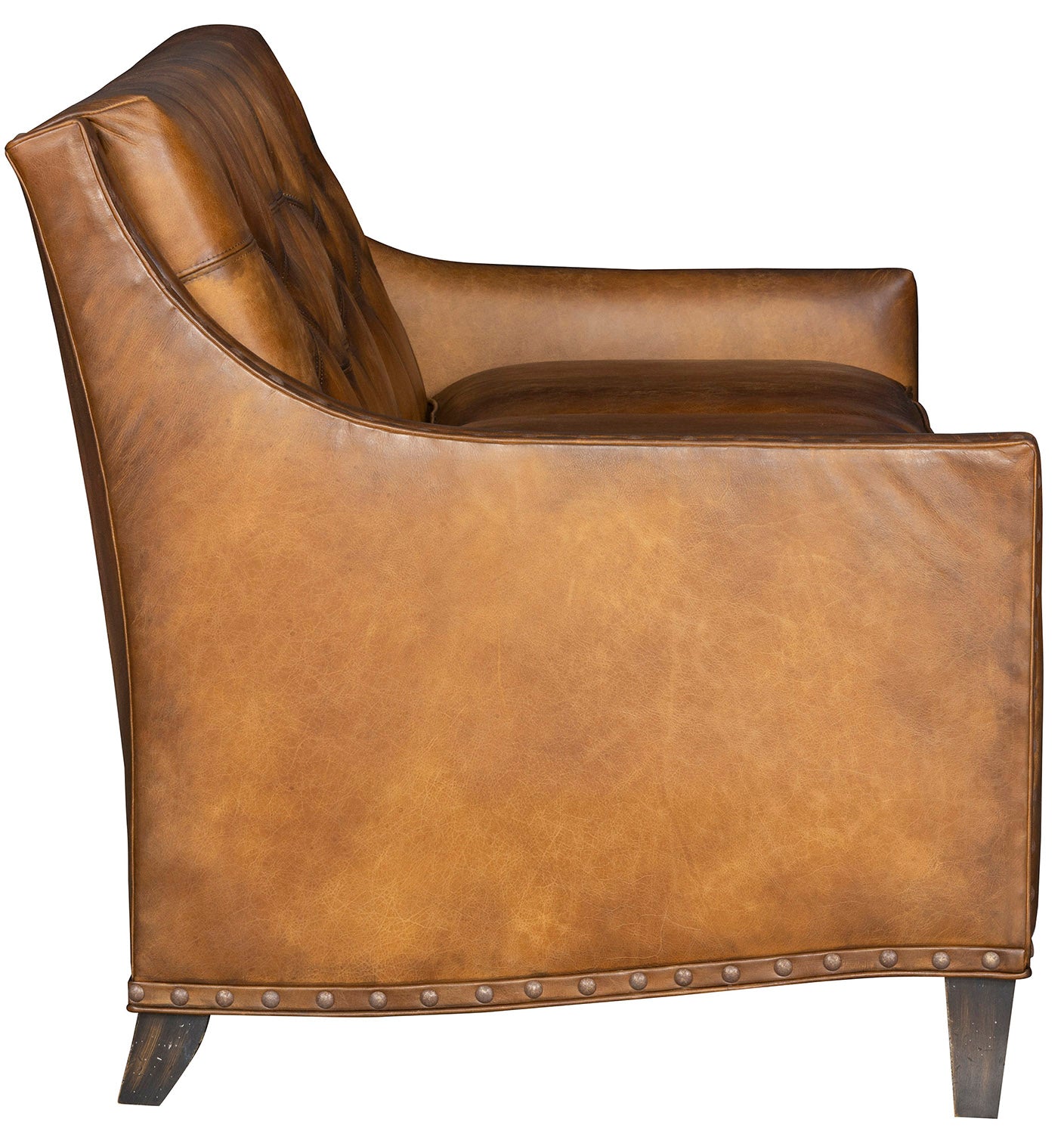 Luxury lodge leather sofa with curved arms and nailhead accents and hand burnished bark leather