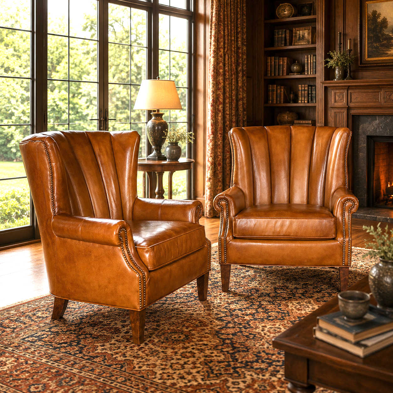 Sauvage Classic Leather Armchairs in hand-burnished bark leather staged in luxury ranch living room with floor-to-ceiling windows and rustic lodge decor