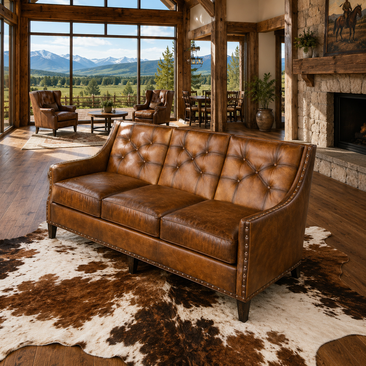 Luxury tufted leather sofa with hand-burnished leather upholstery in luxury open living area