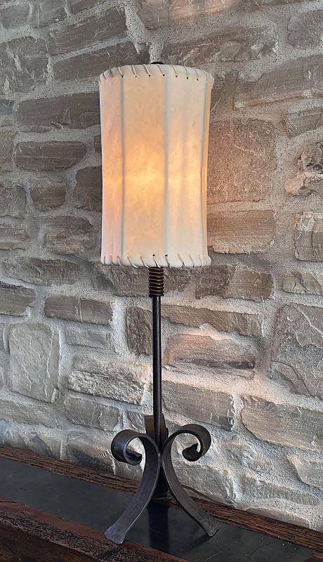 Handmade rustic iron table lamp with natural rawhide lamp shade - Your Western Decor