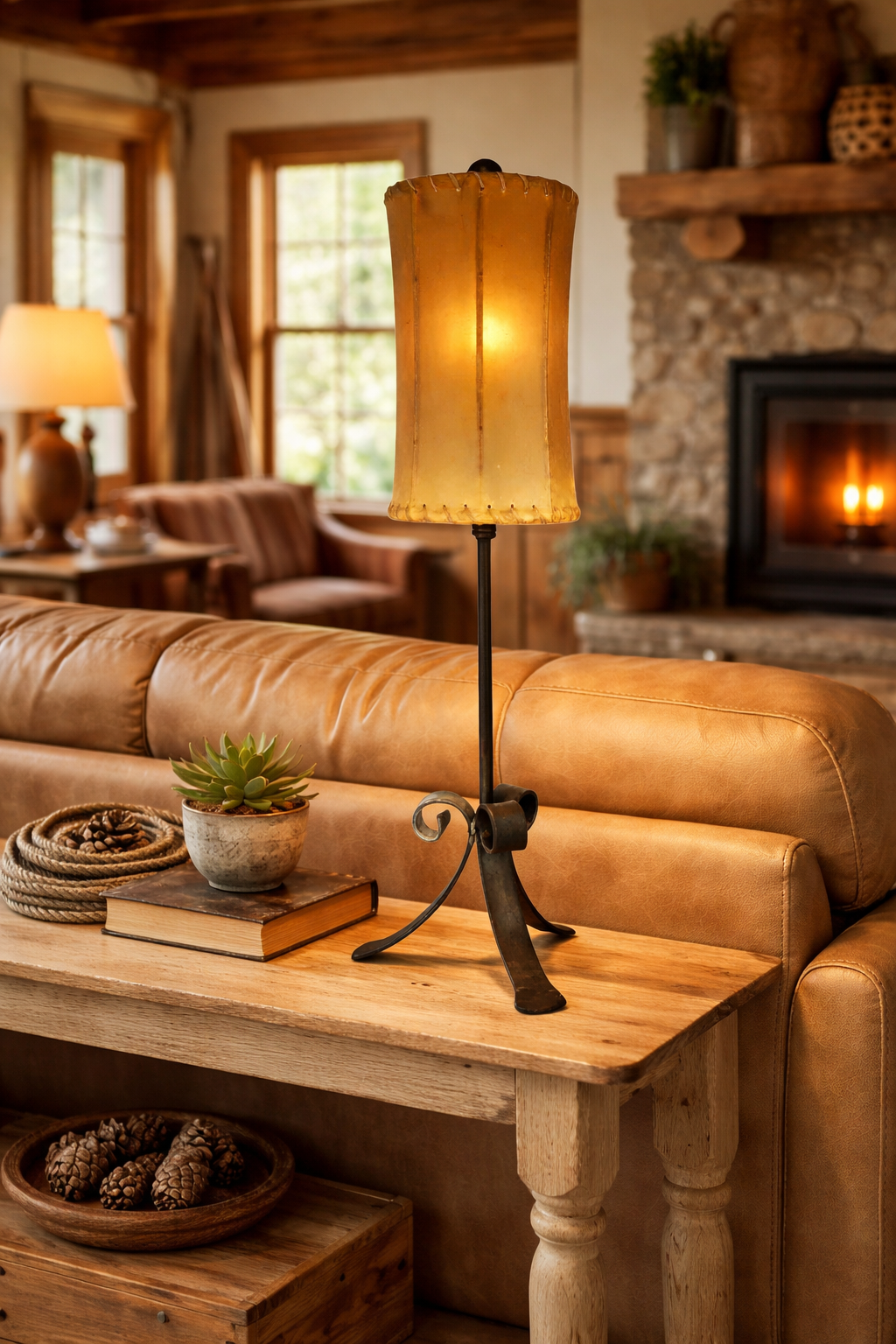 Cozy living room with a leather sofa, wooden coffee table, and iron lamp with rawhide shade - Your Western Decor