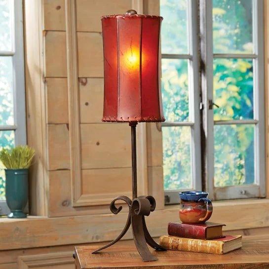 Scrolling spindle rustic iron table lamp with rawhide lamp shade - Your Western Decor