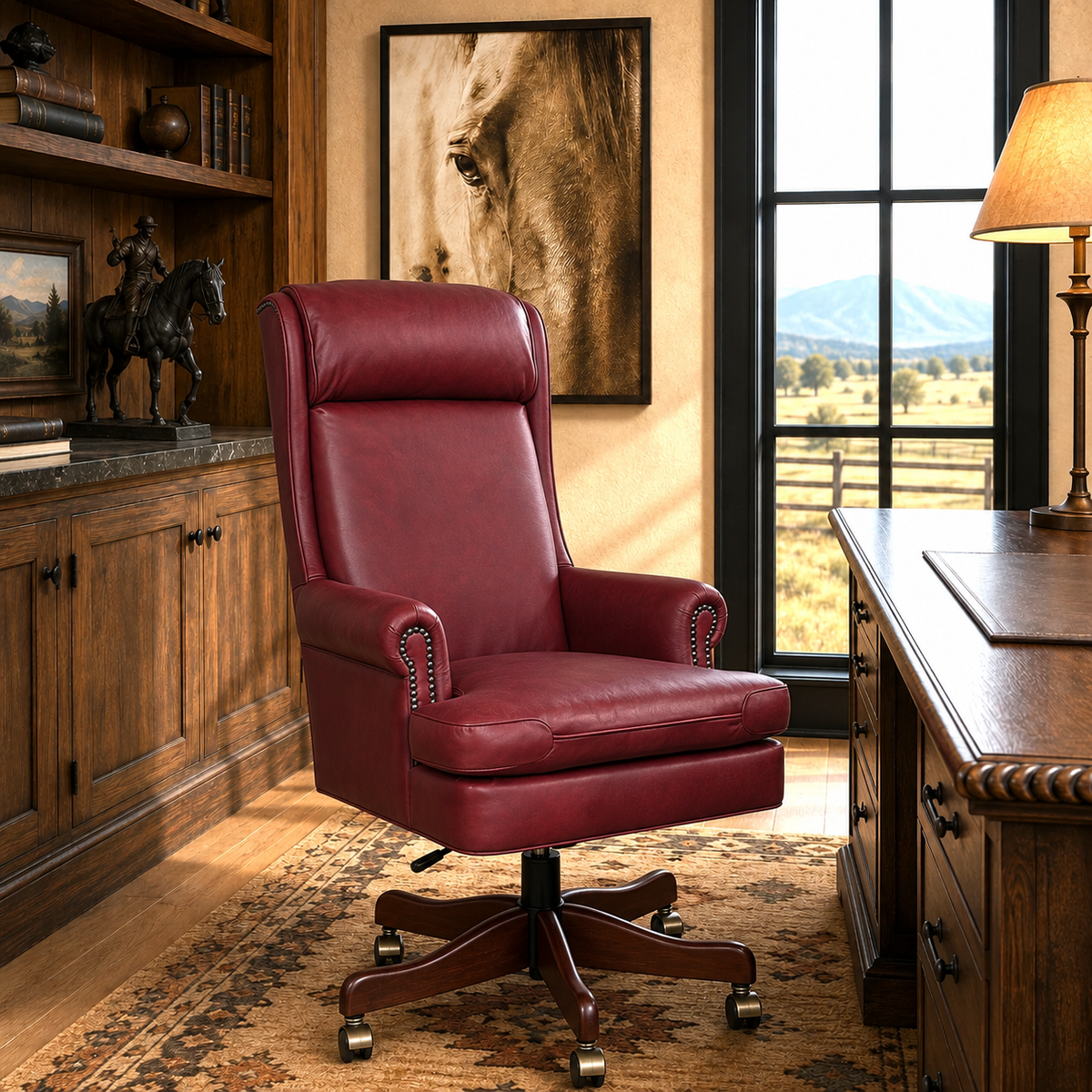 A high-back burgundy leather swivel office chair with nailhead trim and a dark wood five-star base, placed in a rustic home office setting with wood furniture, a window view, and wall art.