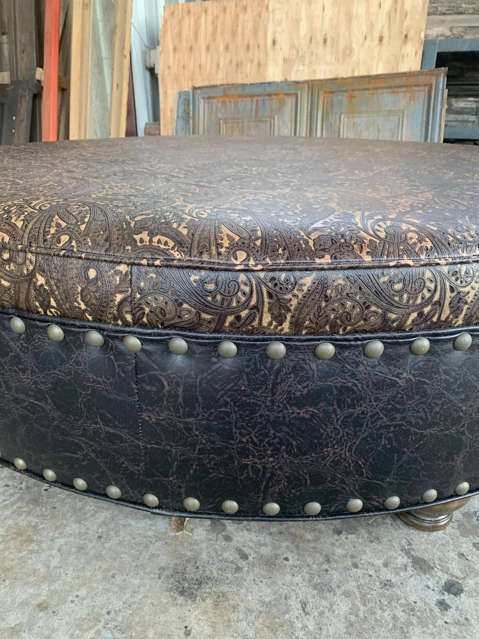 Custom made sepia paisley leather ottoman