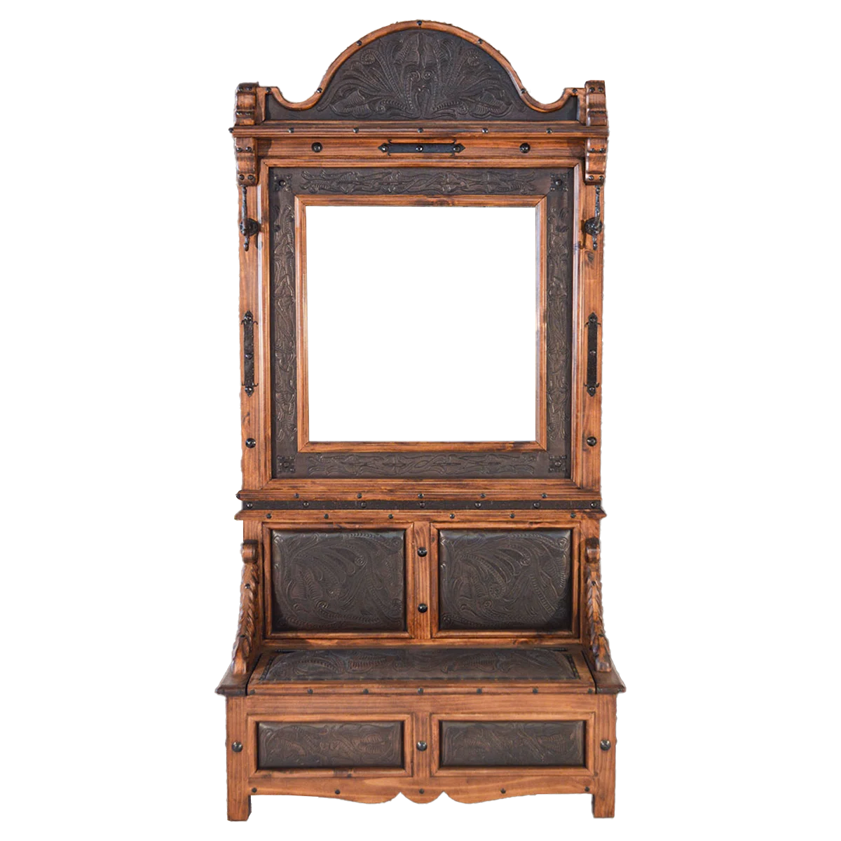 Western hall tree with mirror and leather storage bench
