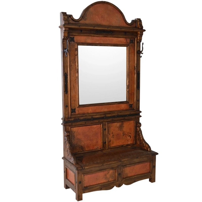 Southwestern entryway furniture with hammered copper panels and mirror