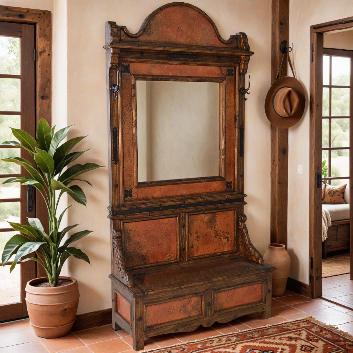Rustic wood and copper hall tree with mirror and bench storage