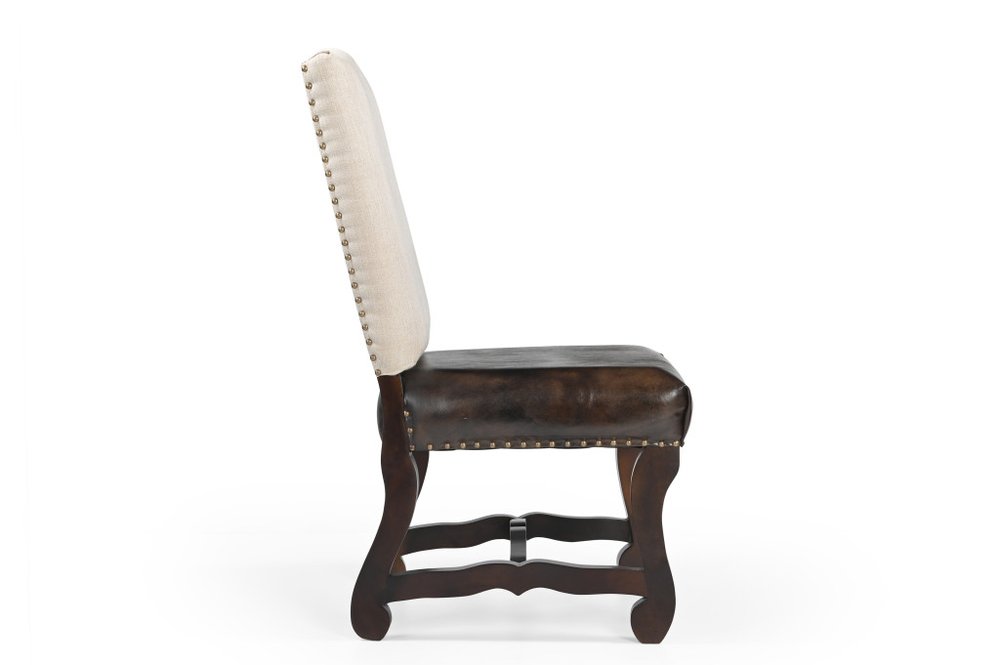 Sierra leather and linen side chair with nail trim and wood frame
