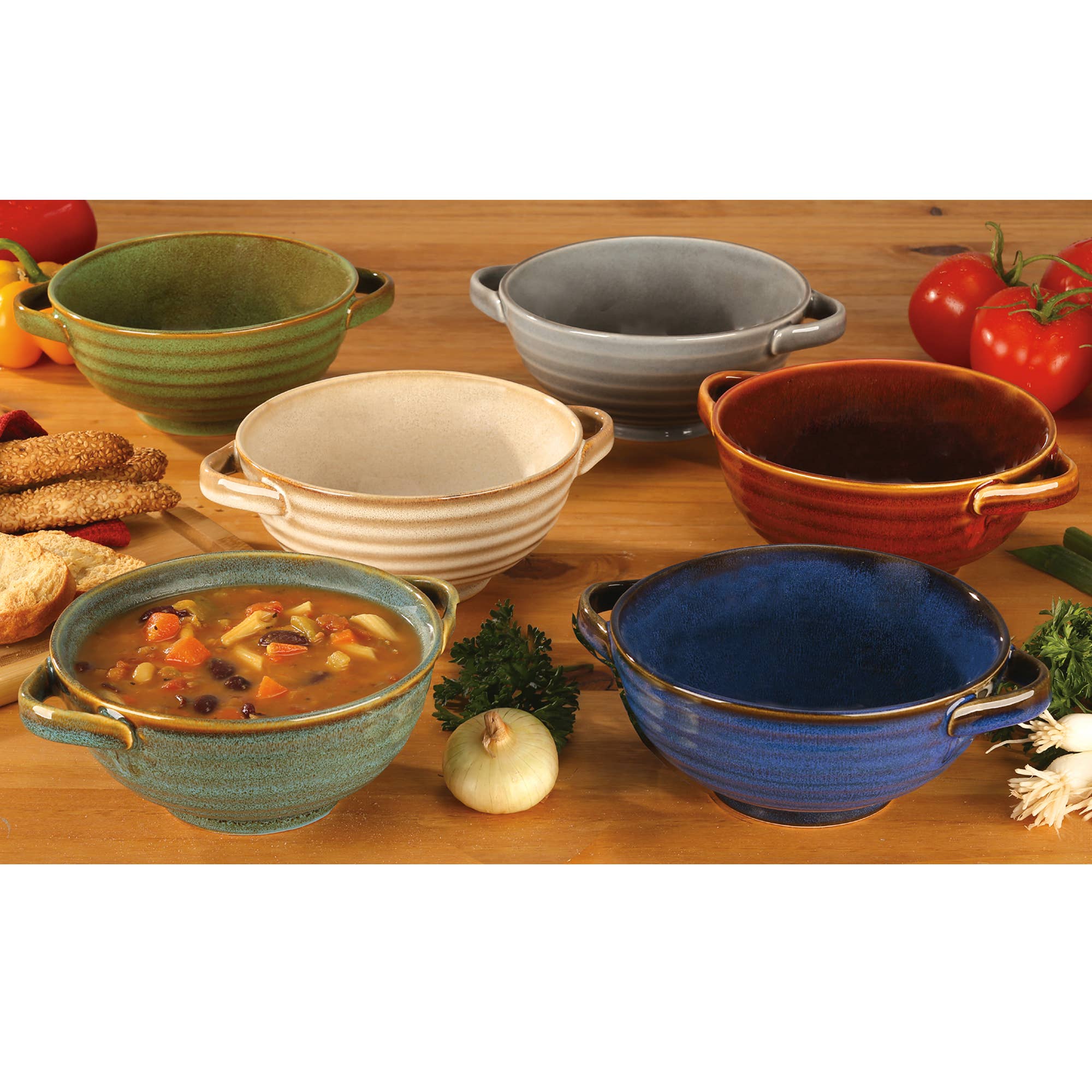 Set of 6 ribbed soup bowls in different colors